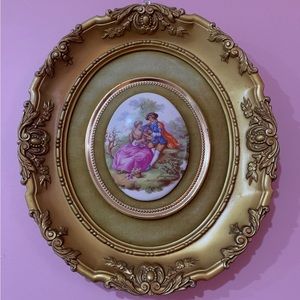 [Vintage 1950's] Framed Fragonard Courting Couple Porcelain Cameo Wall Hanging